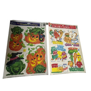 Vintage 2 Classic Clings Window Clings Halloween Pumpkin Vegetables Fruit  RARE